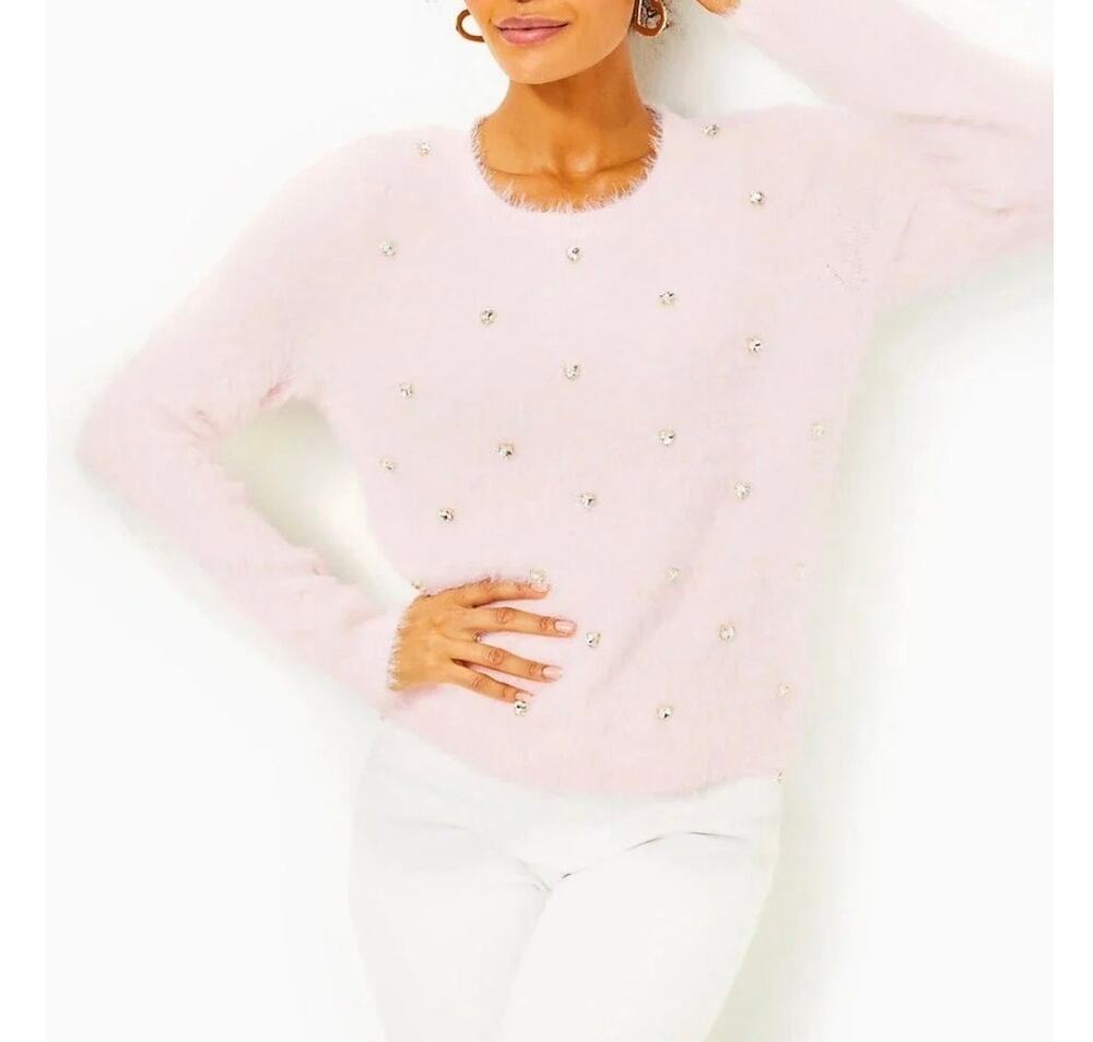 Lilly Pulitzer Ralley Sweater Peony Pink Fuzzy Knit Rhinestone Heart Sz. S NWOT
